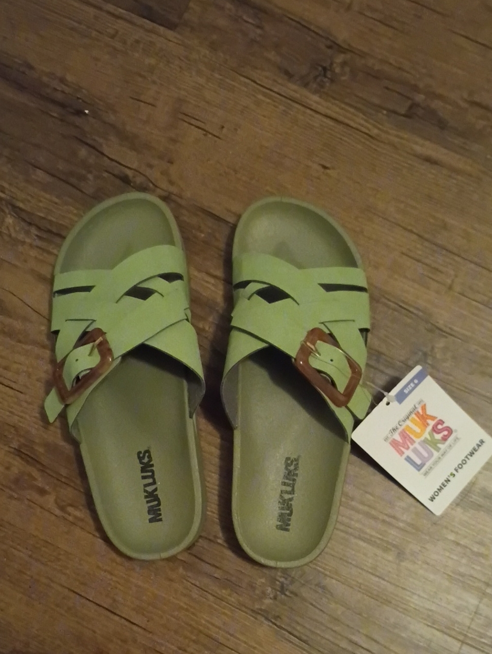 MUK LUKS Women's Olive Green Slide Sandals with Buckle